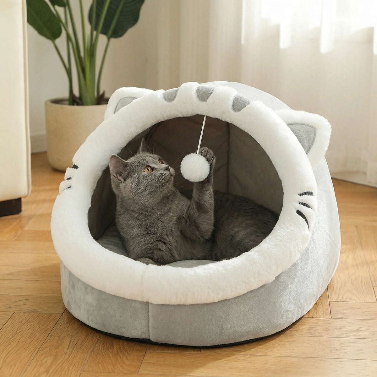 Panier-cabane et coussin moelleux pour chat